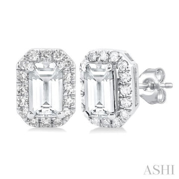 5x3 MM Octagonal Shape White Topaz and 1/8 Ctw Single Cut Diamond Halo Semi-Precious Stud Earrings in 10K White Gold